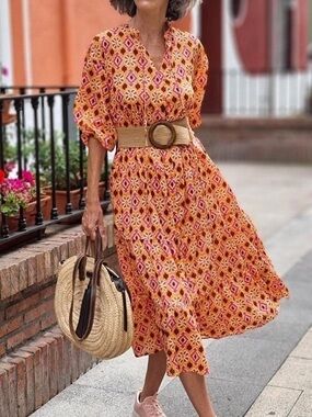 Zara Orange Geometric Print V-Neck Midi Dress